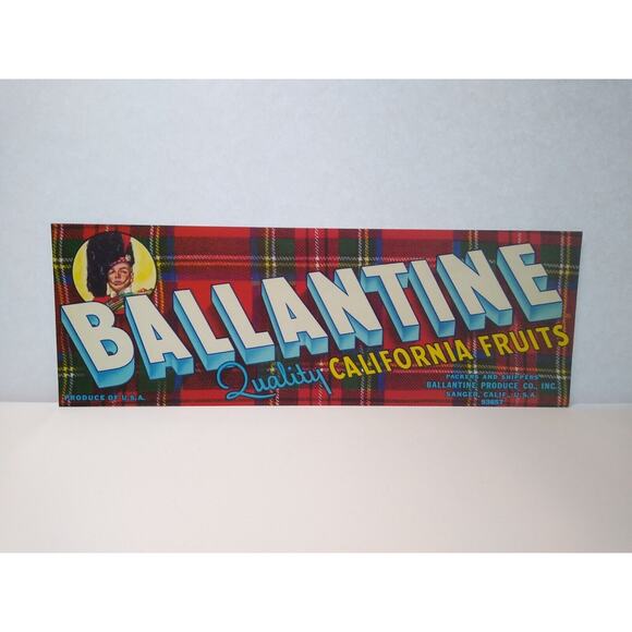 Ballantine California Fruits Scottish Plaid Marching Band Man Crate Label 1960's - Picture 3 of 3